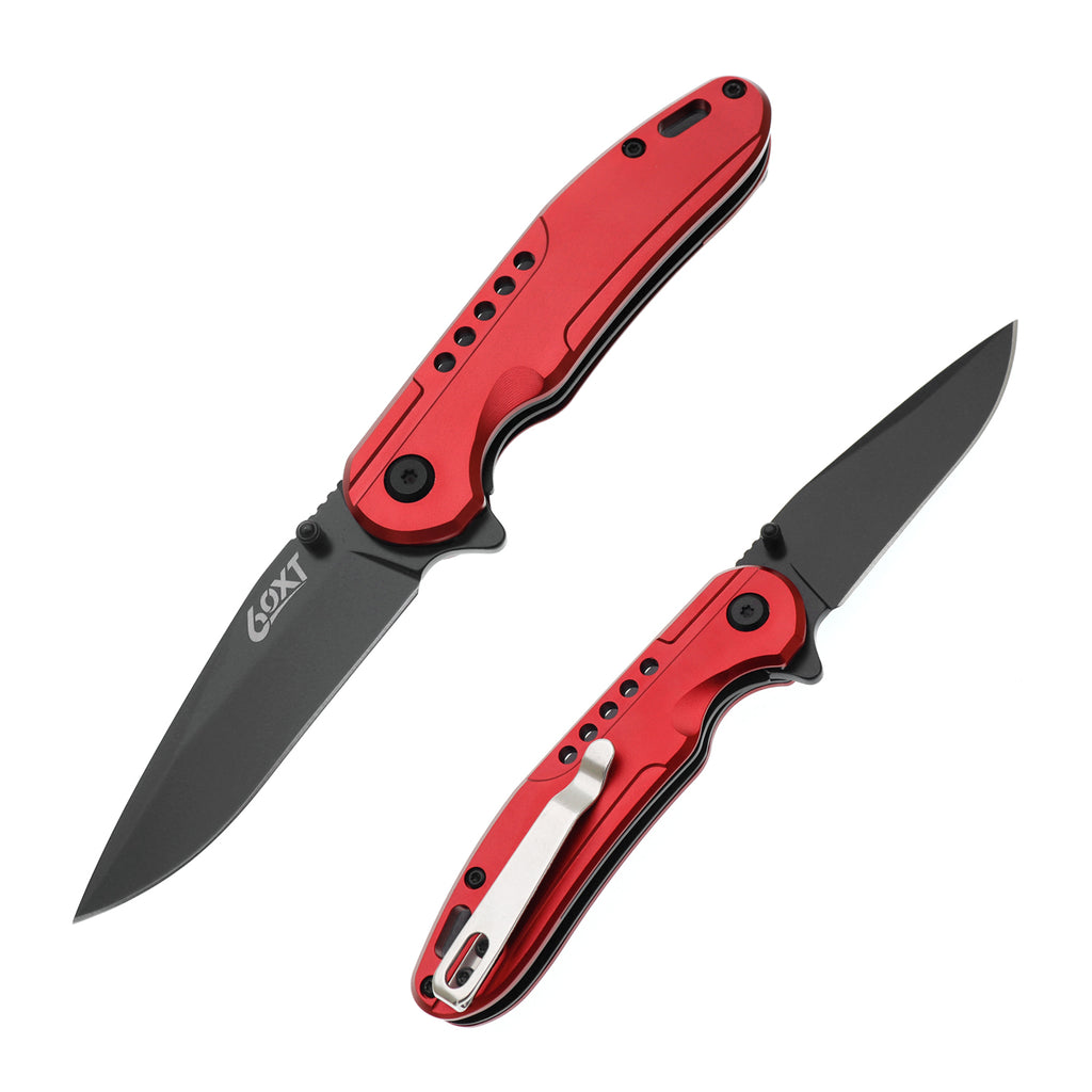 60XT XT1321 Red Folding Pocket Knife, Anodized Aluminum Handle, Comes with Belt Clip Flip Open Light Weight, Ideal For Camping Hunting Outdoor Fishing Activity, Gift for Men Women