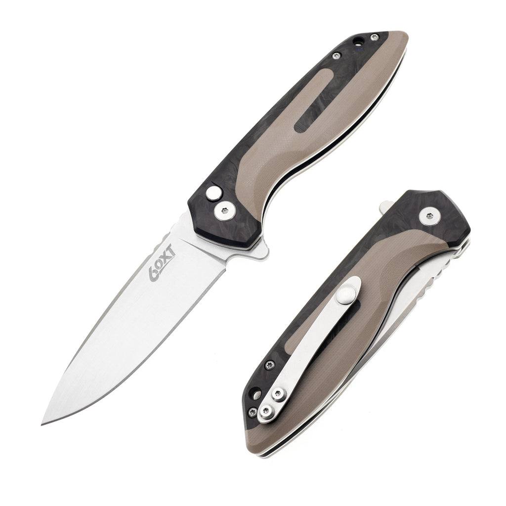 60XT XT1360 Pocket Folding Knife - Folding Knife with Button Lock, 14c28n Blade, G10 Carbon Fiber Handle, Edc Knife with Lock, Camping Survival Hiking Knife for Everyday Carry and Outdoor Use