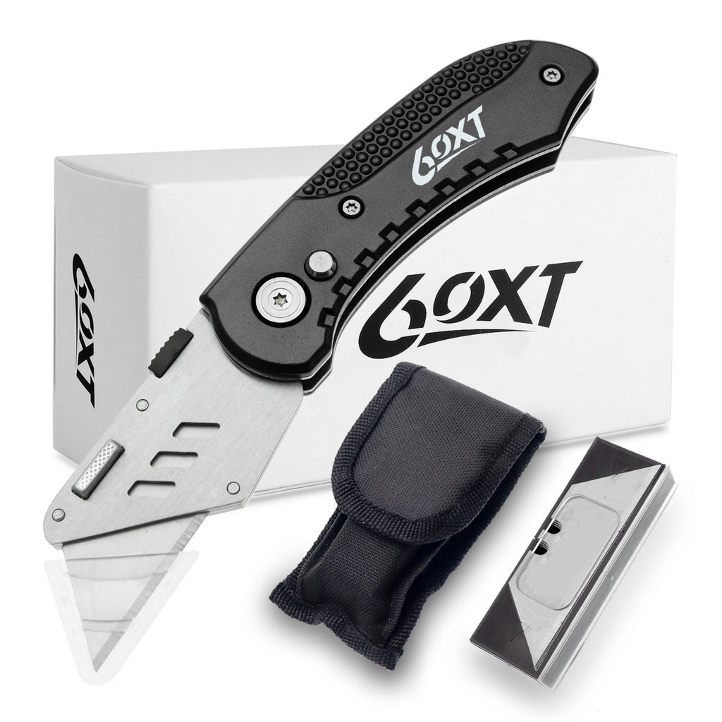 60XT Utility Knife Folding Safety Lock & Quick Change with 10 Extra SK5 Replacement Blade Lightweight Aluminum Handle & Pocket Clip Multi-Use Box Cutter Office Home Art Diy Great Gift Choice (Black)