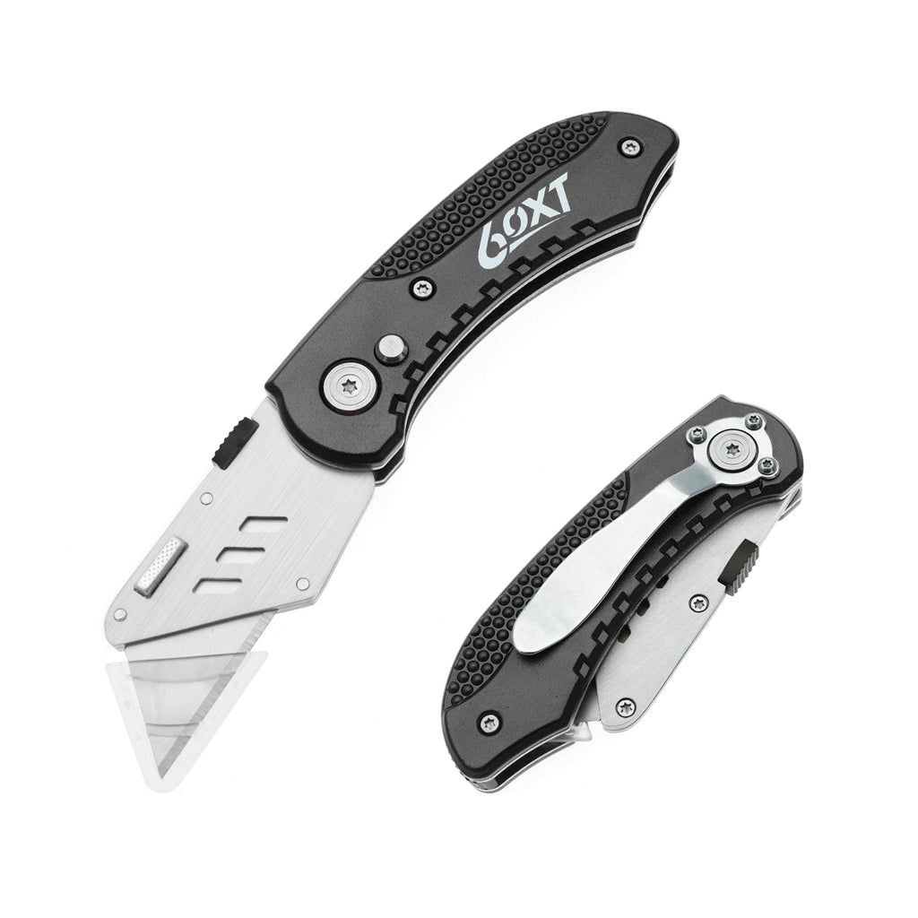 60XT Utility Knife Folding Safety Lock & Quick Change with 10 Extra SK5 Replacement Blade Lightweight Aluminum Handle & Pocket Clip Multi-Use Box Cutter Office Home Art Diy Great Gift Choice (Black)