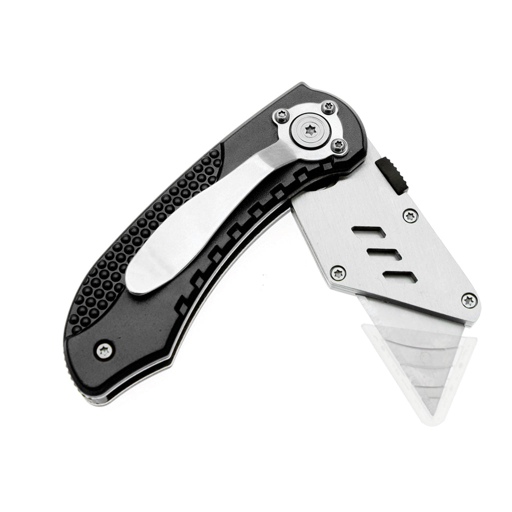60XT Utility Knife Folding Safety Lock & Quick Change with 10 Extra SK5 Replacement Blade Lightweight Aluminum Handle & Pocket Clip Multi-Use Box Cutter Office Home Art Diy Great Gift Choice (Black)