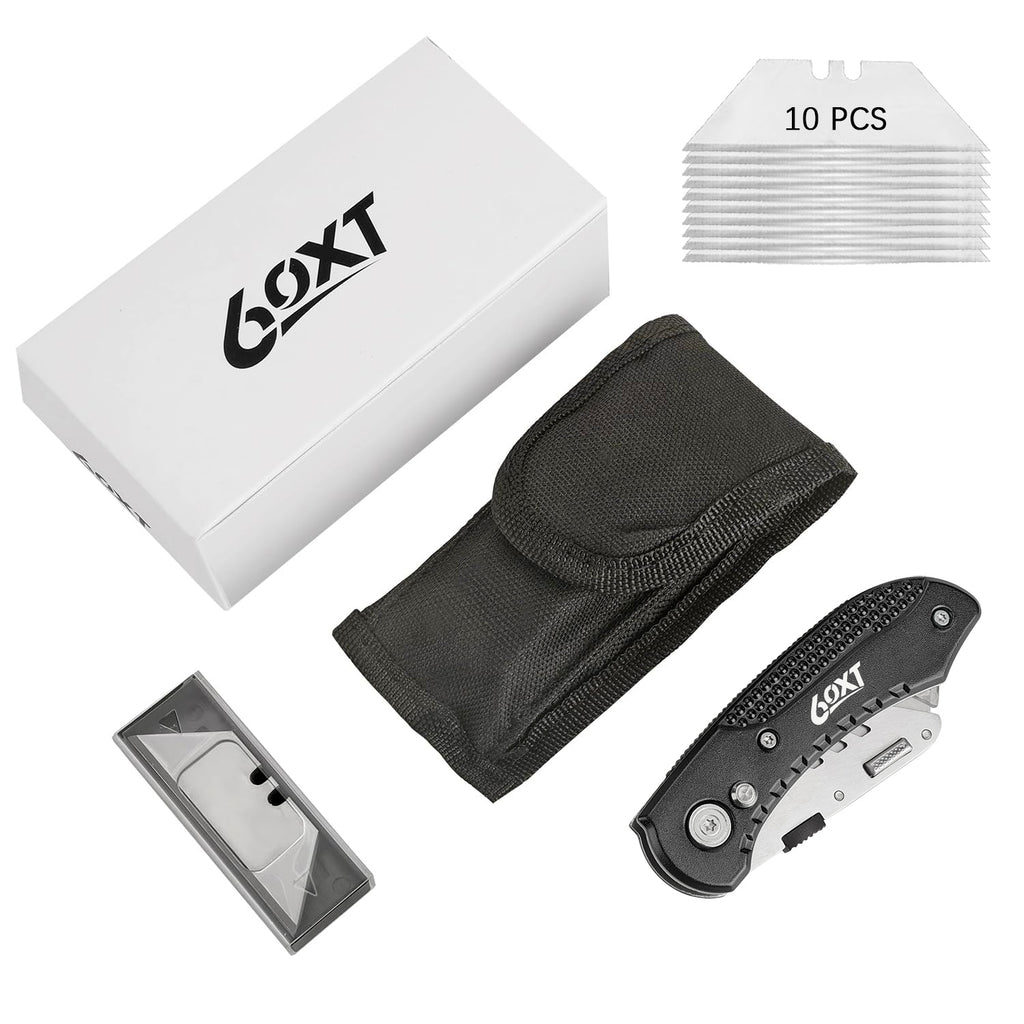 60XT Utility Knife Folding Safety Lock & Quick Change with 10 Extra SK5 Replacement Blade Lightweight Aluminum Handle & Pocket Clip Multi-Use Box Cutter Office Home Art Diy Great Gift Choice (Black)