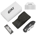 60XT Utility Knife Folding Safety Lock & Quick Change with 10 Extra SK5 Replacement Blade Lightweight Aluminum Handle & Pocket Clip Multi-Use Box Cutter Office Home Art Diy Great Gift Choice (Black)