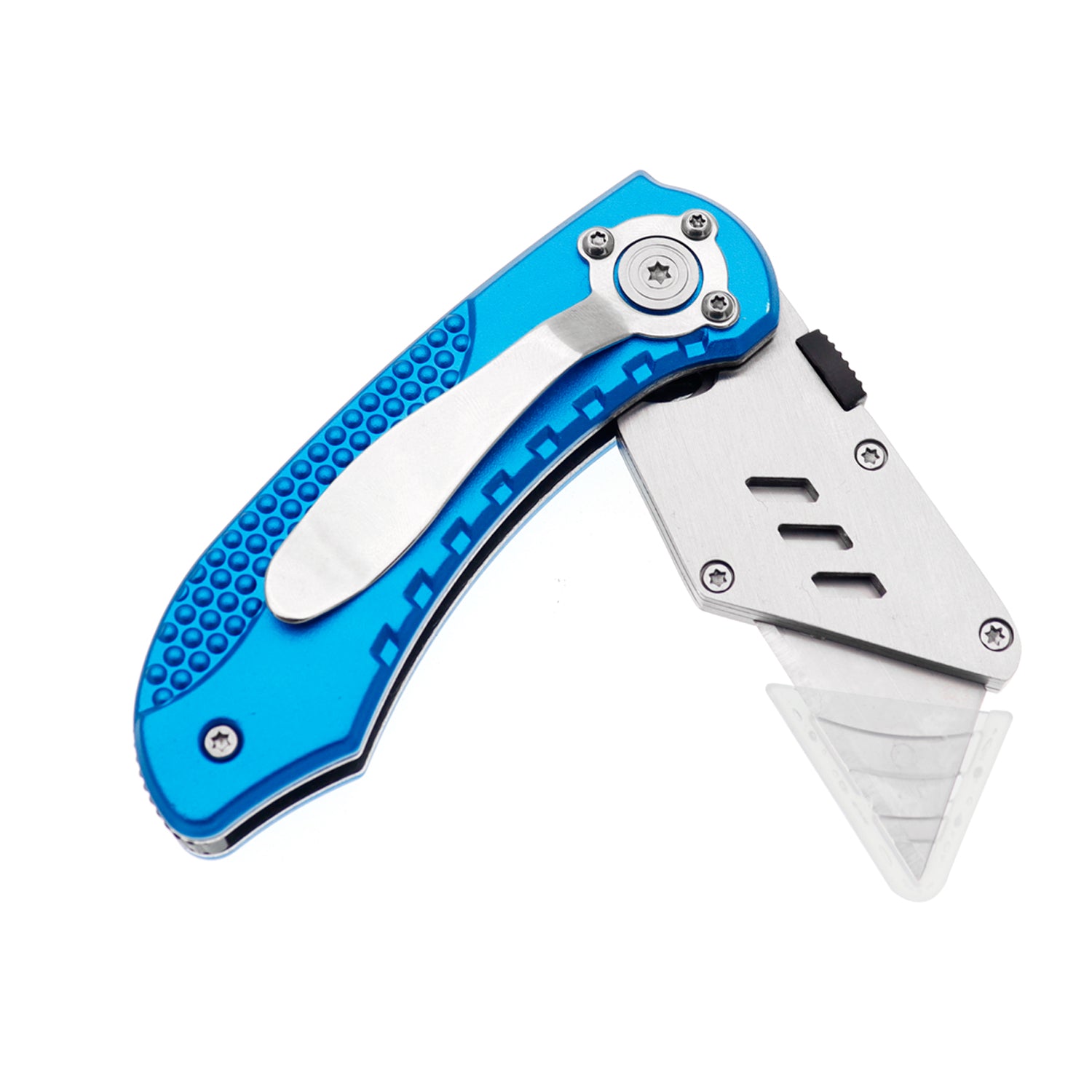 60XT Utility Knife Folding Safety Lock & Quick Change with 10 Extra SK5 Replacement Blade Lightweight Aluminum Handle & Pocket Clip Multi-Use Box Cutter Office Home Art Diy Great Gift Choice (Blue)