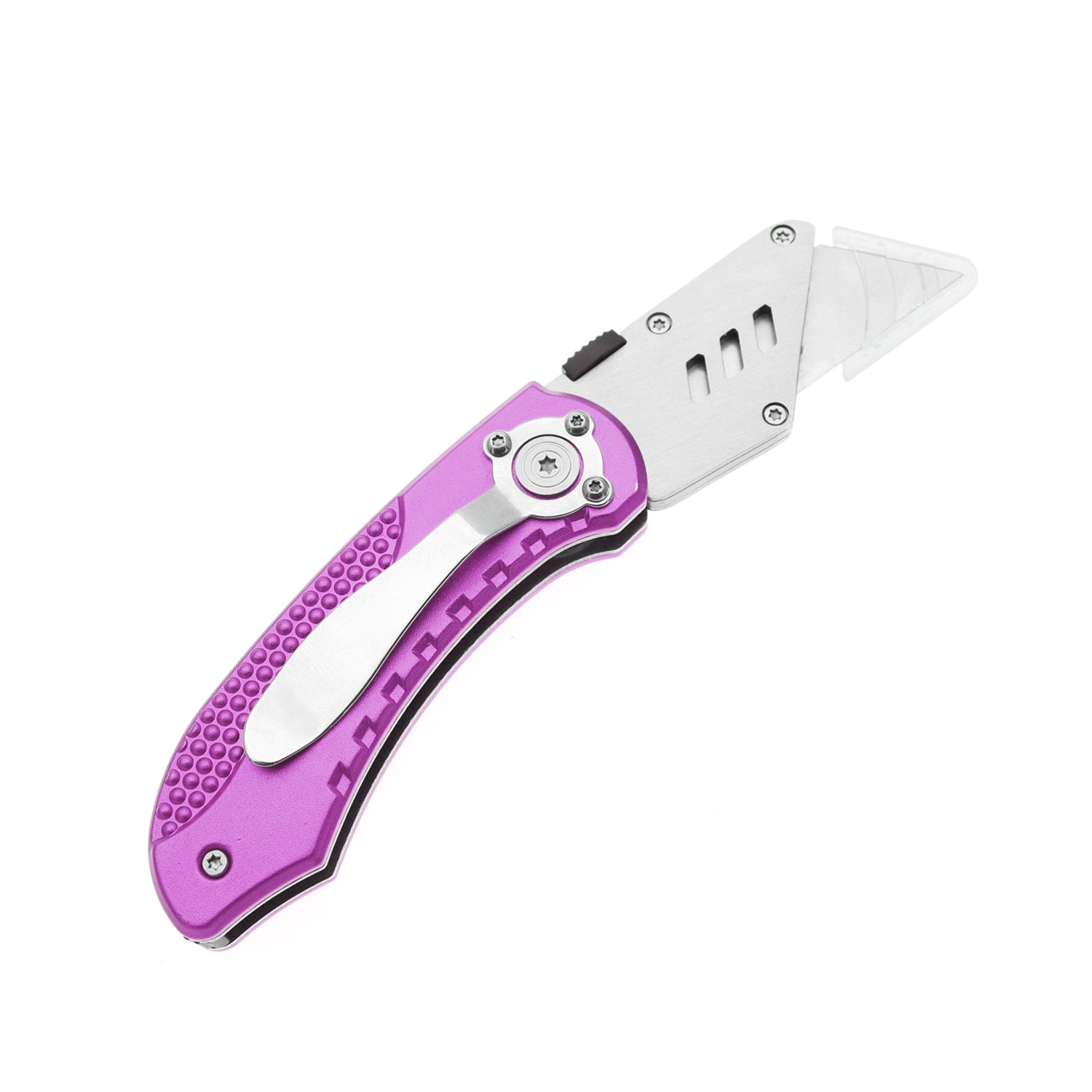60XT Utility Knife Folding Safety Lock & Quick Change with 10 Extra SK5 Replacement Blade Lightweight Aluminum Handle & Pocket Clip Multi-Use Box Cutter Office Home Art Diy Great Gift Choice (Purple)