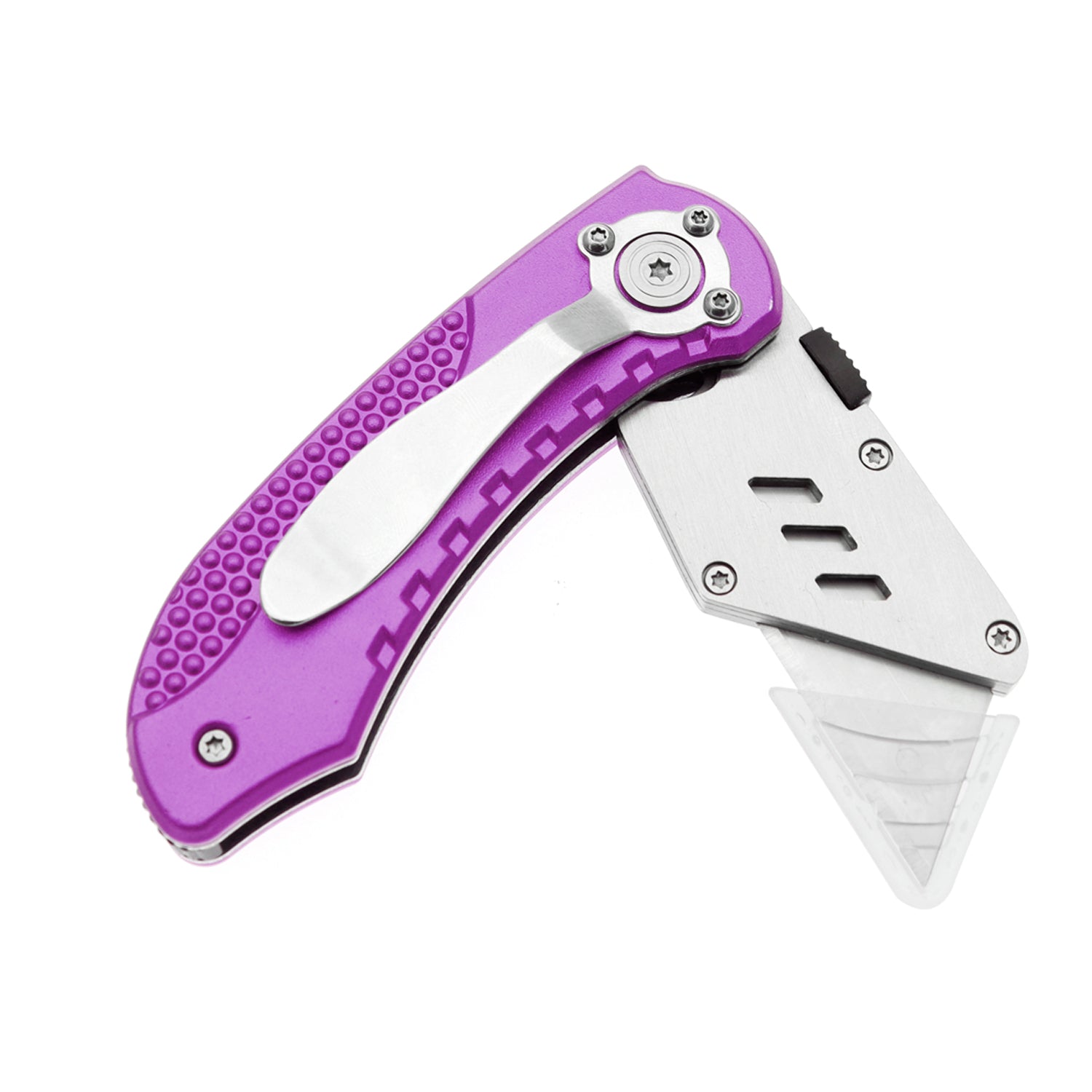 60XT Utility Knife Folding Safety Lock & Quick Change with 10 Extra SK5 Replacement Blade Lightweight Aluminum Handle & Pocket Clip Multi-Use Box Cutter Office Home Art Diy Great Gift Choice (Purple)