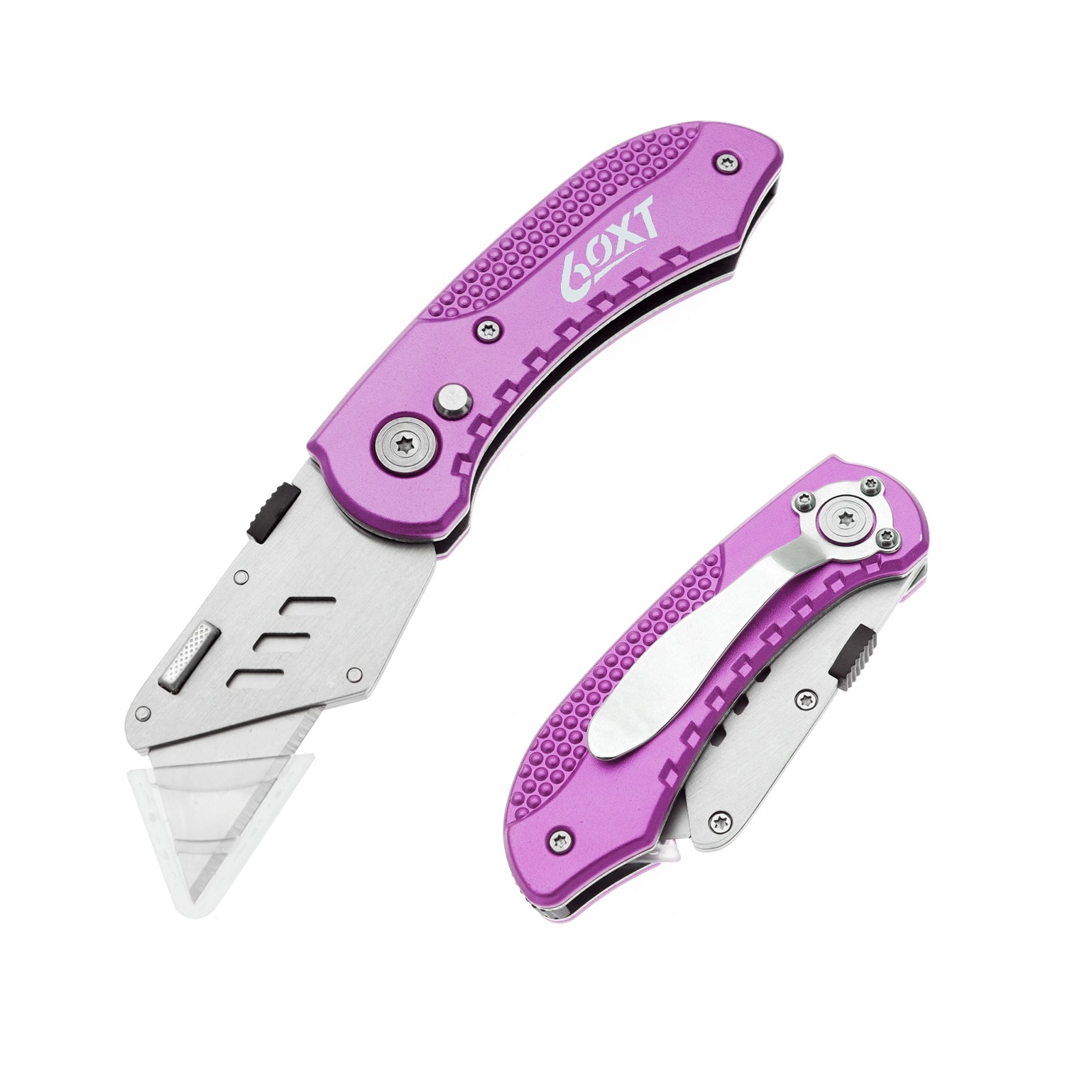 60XT Utility Knife Folding Safety Lock & Quick Change with 10 Extra SK5 Replacement Blade Lightweight Aluminum Handle & Pocket Clip Multi-Use Box Cutter Office Home Art Diy Great Gift Choice (Purple)