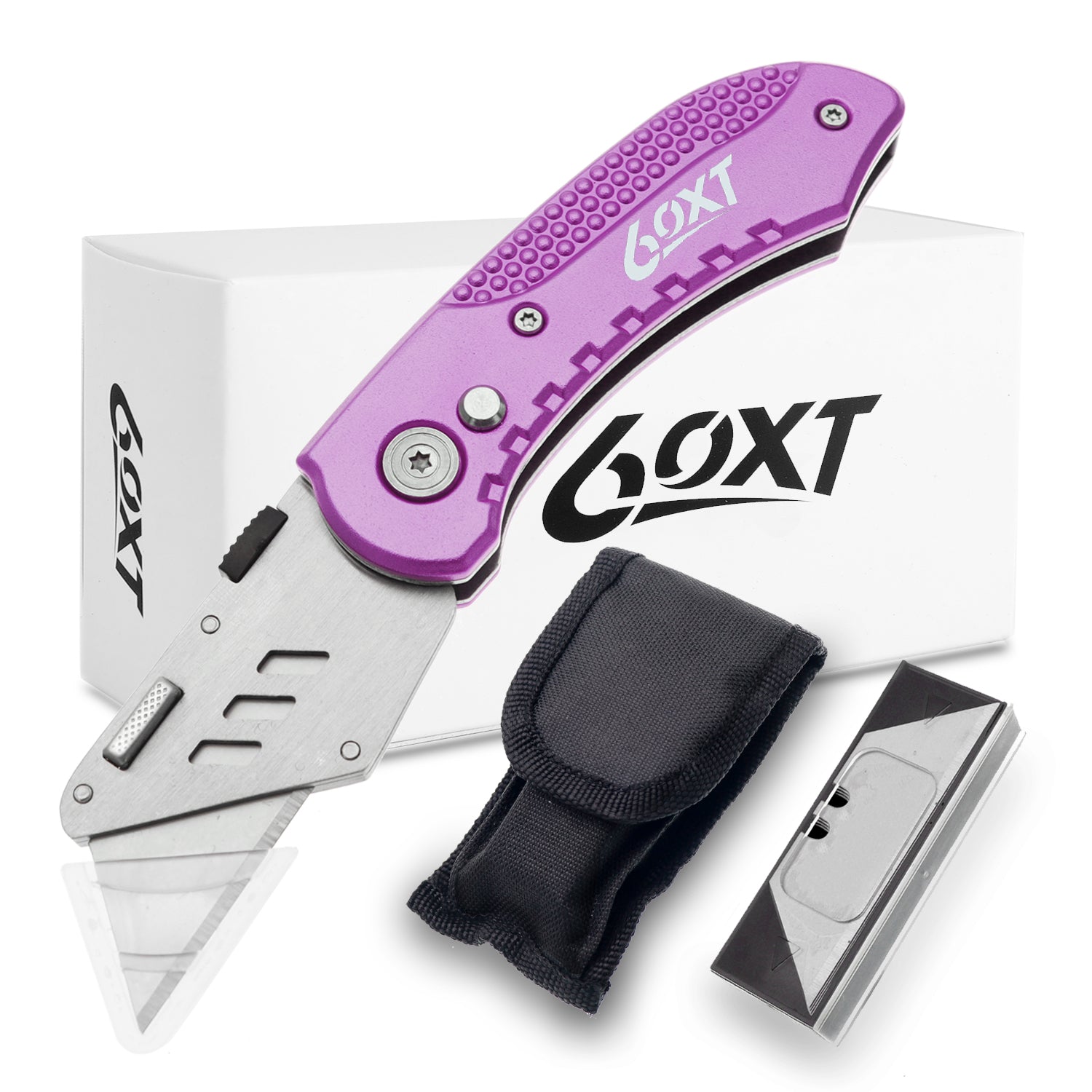 60XT Utility Knife Folding Safety Lock & Quick Change with 10 Extra SK5 Replacement Blade Lightweight Aluminum Handle & Pocket Clip Multi-Use Box Cutter Office Home Art Diy Great Gift Choice (Purple)