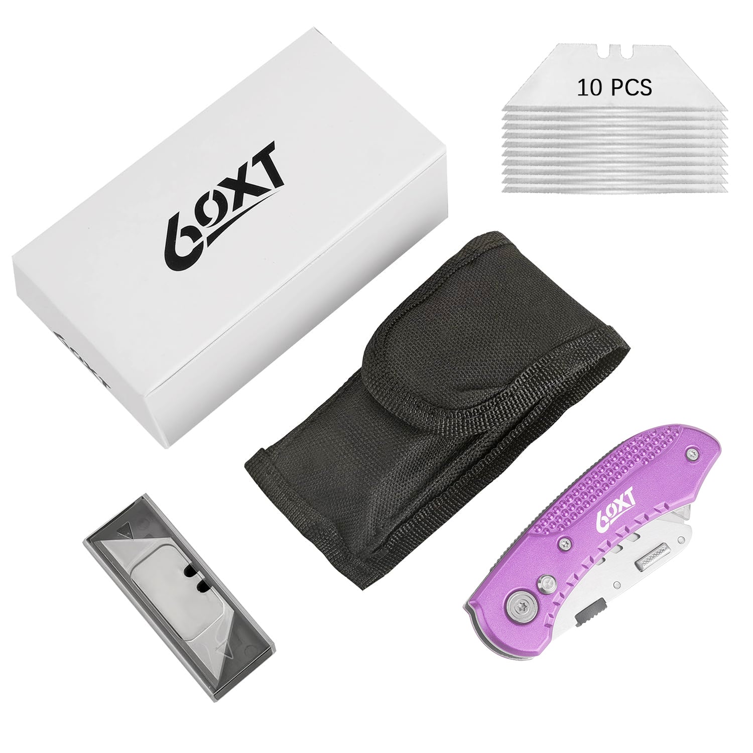 60XT Utility Knife Folding Safety Lock & Quick Change with 10 Extra SK5 Replacement Blade Lightweight Aluminum Handle & Pocket Clip Multi-Use Box Cutter Office Home Art Diy Great Gift Choice (Purple)