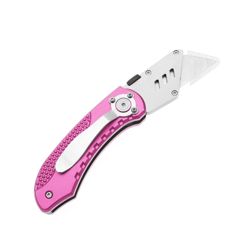 60XT Utility Knife Folding Safety Lock & Quick Change with 10 Extra SK5 Replacement Blade Lightweight Aluminum Handle & Pocket Clip Multi-Use Box Cutter Office Home Art Diy Great Gift Choice (Pink)