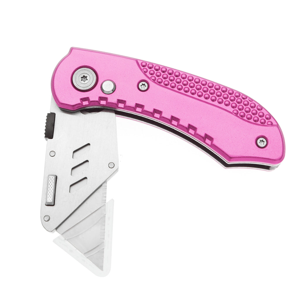 60XT Utility Knife Folding Safety Lock & Quick Change with 10 Extra SK5 Replacement Blade Lightweight Aluminum Handle & Pocket Clip Multi-Use Box Cutter Office Home Art Diy Great Gift Choice (Pink)