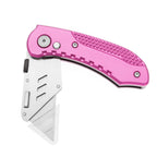 60XT Utility Knife Folding Safety Lock & Quick Change with 10 Extra SK5 Replacement Blade Lightweight Aluminum Handle & Pocket Clip Multi-Use Box Cutter Office Home Art Diy Great Gift Choice (Pink)