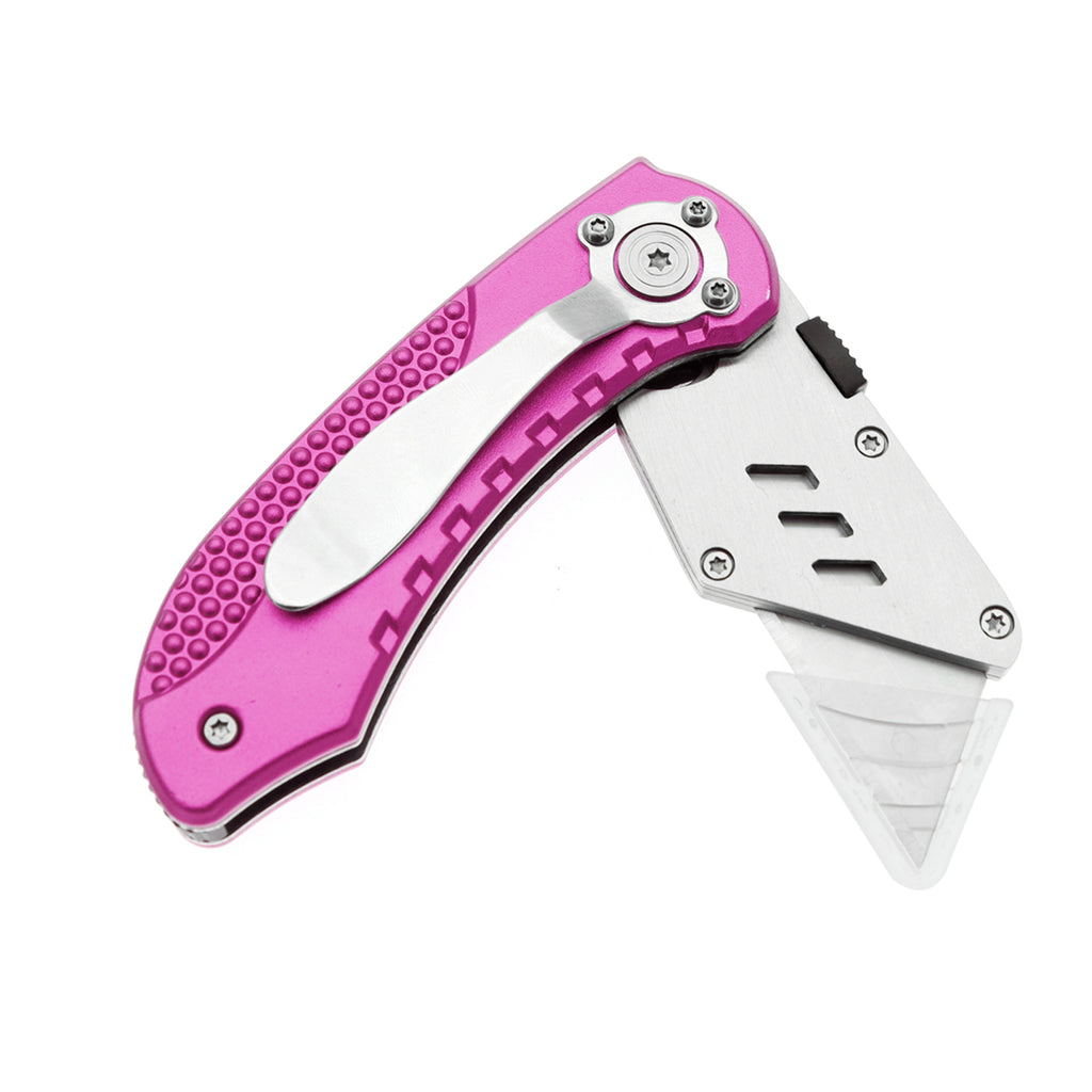 60XT Utility Knife Folding Safety Lock & Quick Change with 10 Extra SK5 Replacement Blade Lightweight Aluminum Handle & Pocket Clip Multi-Use Box Cutter Office Home Art Diy Great Gift Choice (Pink)