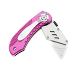 60XT Utility Knife Folding Safety Lock & Quick Change with 10 Extra SK5 Replacement Blade Lightweight Aluminum Handle & Pocket Clip Multi-Use Box Cutter Office Home Art Diy Great Gift Choice (Pink)