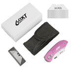 60XT Utility Knife Folding Safety Lock & Quick Change with 10 Extra SK5 Replacement Blade Lightweight Aluminum Handle & Pocket Clip Multi-Use Box Cutter Office Home Art Diy Great Gift Choice (Pink)