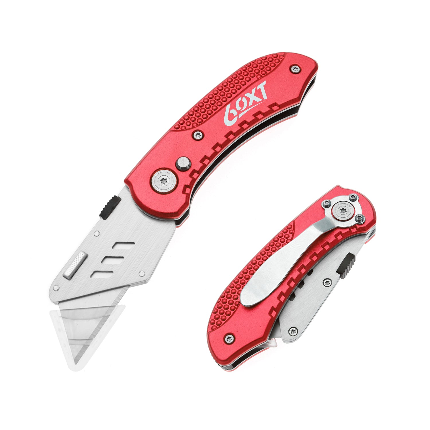60XT Utility Knife Folding Safety Lock & Quick Change with 10 Extra SK5 Replacement Blade Lightweight Aluminum Handle & Pocket Clip Multi-Use Box Cutter Office Home Art Diy Great Gift Choice (Red)