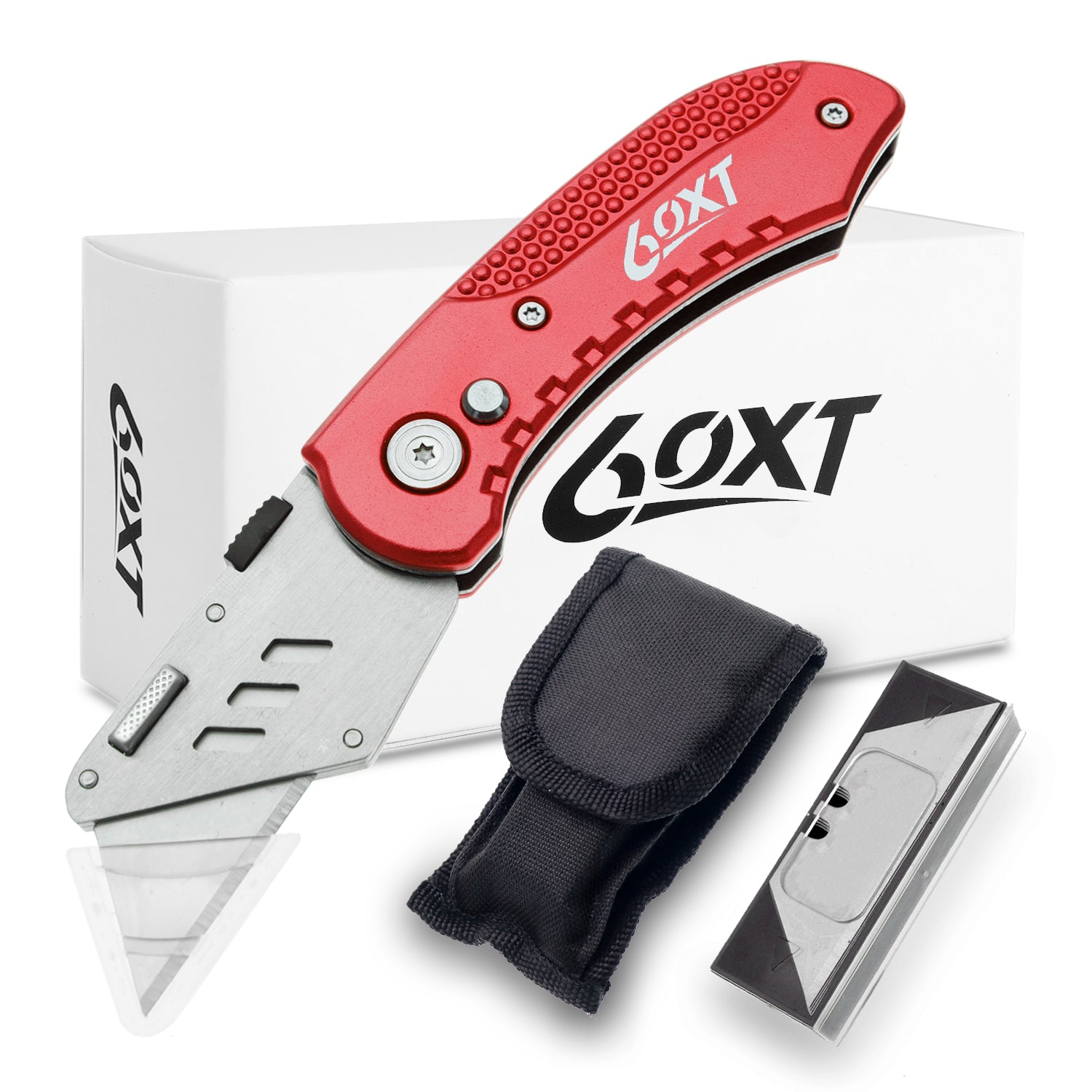 60XT Utility Knife Folding Safety Lock & Quick Change with 10 Extra SK5 Replacement Blade Lightweight Aluminum Handle & Pocket Clip Multi-Use Box Cutter Office Home Art Diy Great Gift Choice (Red)