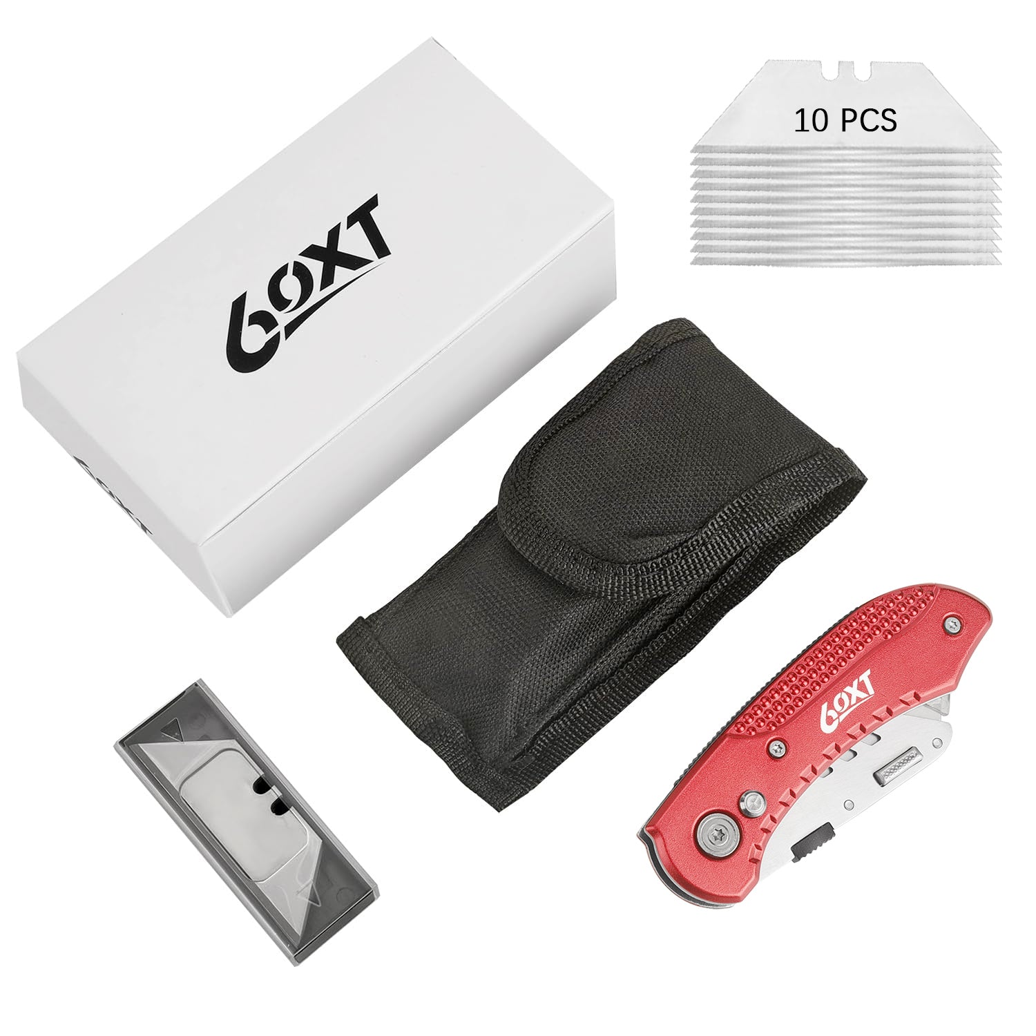 60XT Utility Knife Folding Safety Lock & Quick Change with 10 Extra SK5 Replacement Blade Lightweight Aluminum Handle & Pocket Clip Multi-Use Box Cutter Office Home Art Diy Great Gift Choice (Red)