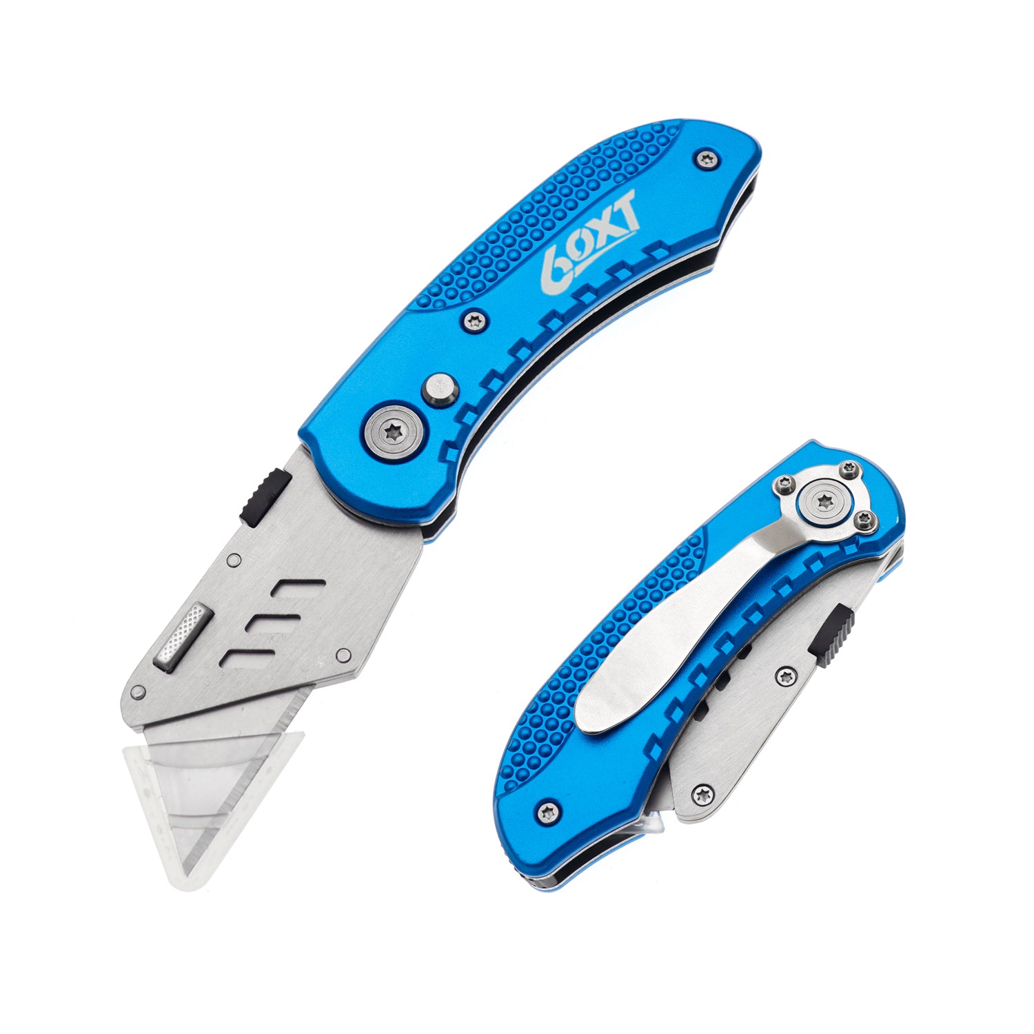 60XT Utility Knife Folding Safety Lock & Quick Change with 10 Extra SK5 Replacement Blade Lightweight Aluminum Handle & Pocket Clip Multi-Use Box Cutter Office Home Art Diy Great Gift Choice (Blue)