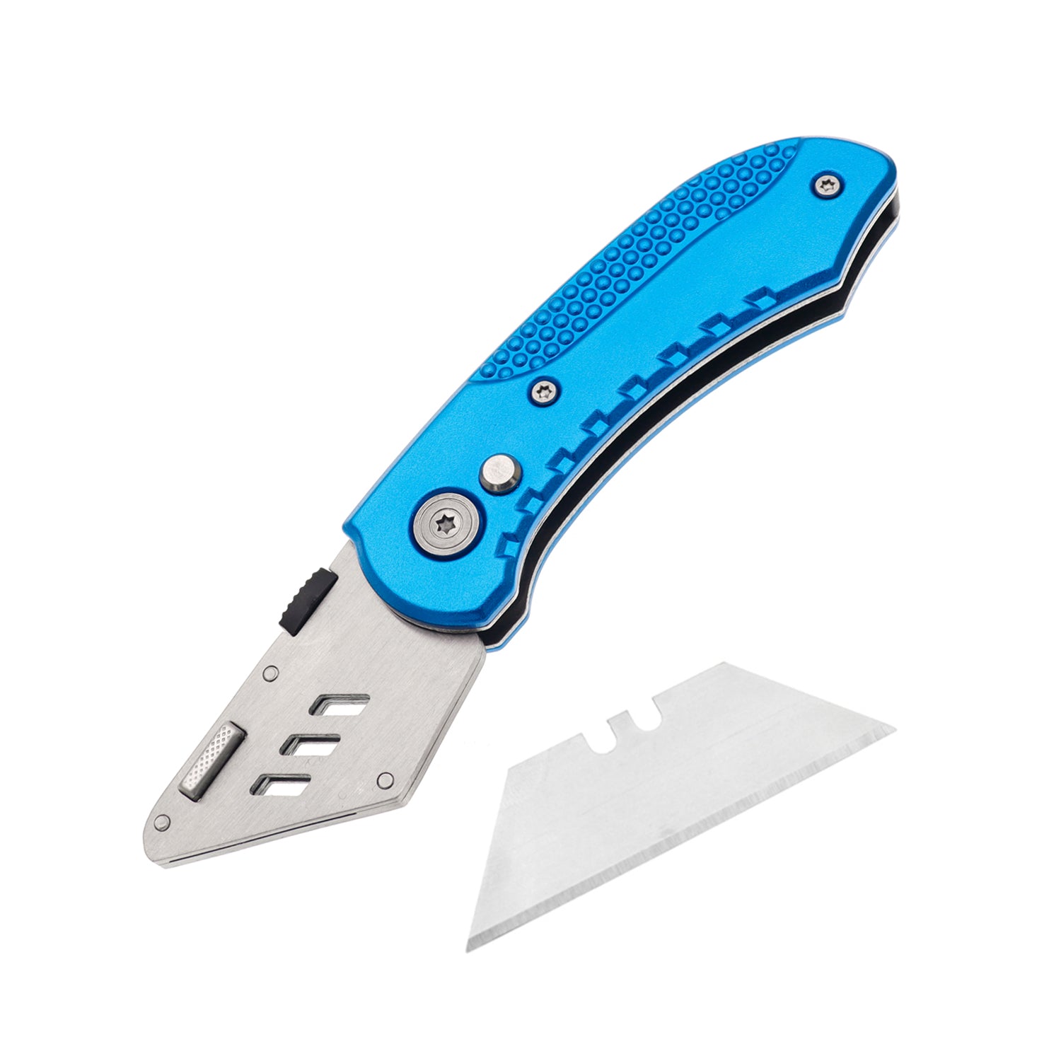 60XT Utility Knife Folding Safety Lock & Quick Change with 10 Extra SK5 Replacement Blade Lightweight Aluminum Handle & Pocket Clip Multi-Use Box Cutter Office Home Art Diy Great Gift Choice (Blue)