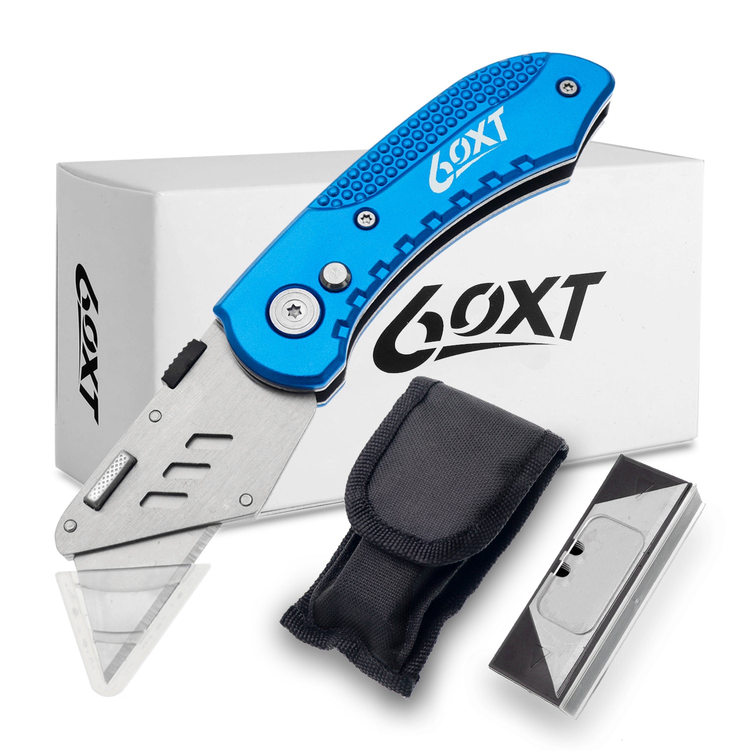 60XT Utility Knife Folding Safety Lock & Quick Change with 10 Extra SK5 Replacement Blade Lightweight Aluminum Handle & Pocket Clip Multi-Use Box Cutter Office Home Art Diy Great Gift Choice (Blue)