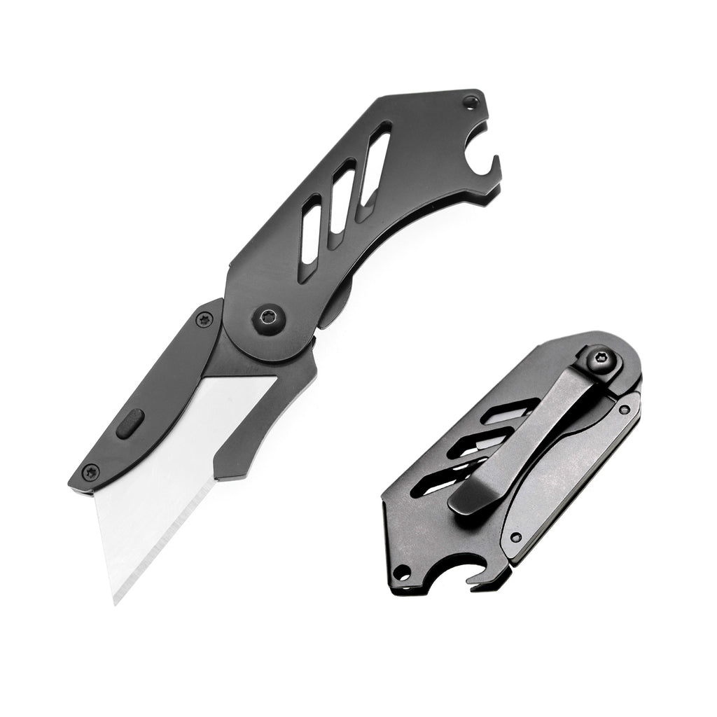 60XT EDC Folding Utility Knife Small Box Cutter, Bottle Opener Unique Compact Portable with 5 Extra SK5 Replacement Blades Keychain Foldable Pocket Tool for Daily Use Carton Carboard Zip Ties Cable
