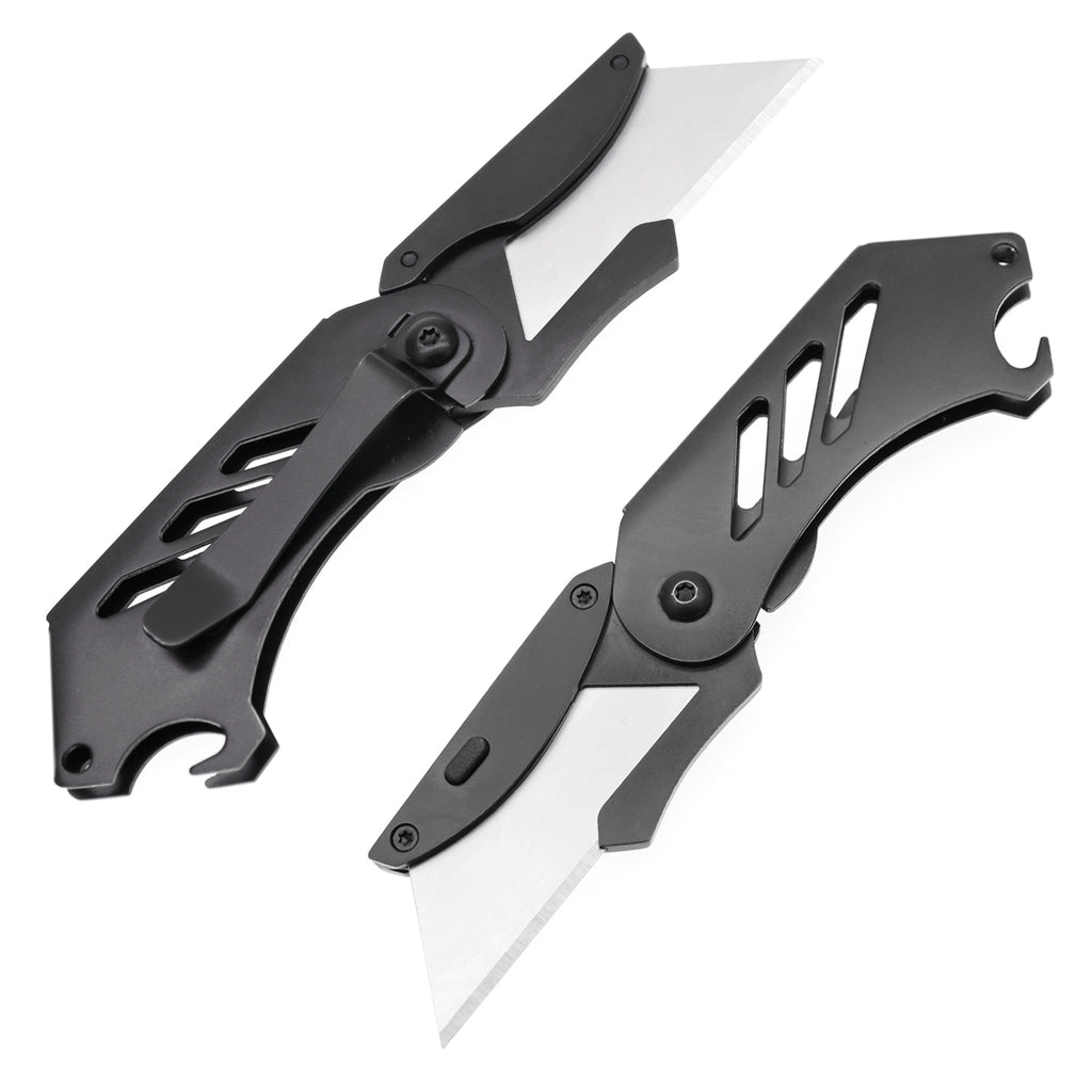 60XT EDC Folding Utility Knife Small Box Cutter, Bottle Opener Unique Compact Portable with 5 Extra SK5 Replacement Blades Keychain Foldable Pocket Tool for Daily Use Carton Carboard Zip Ties Cable