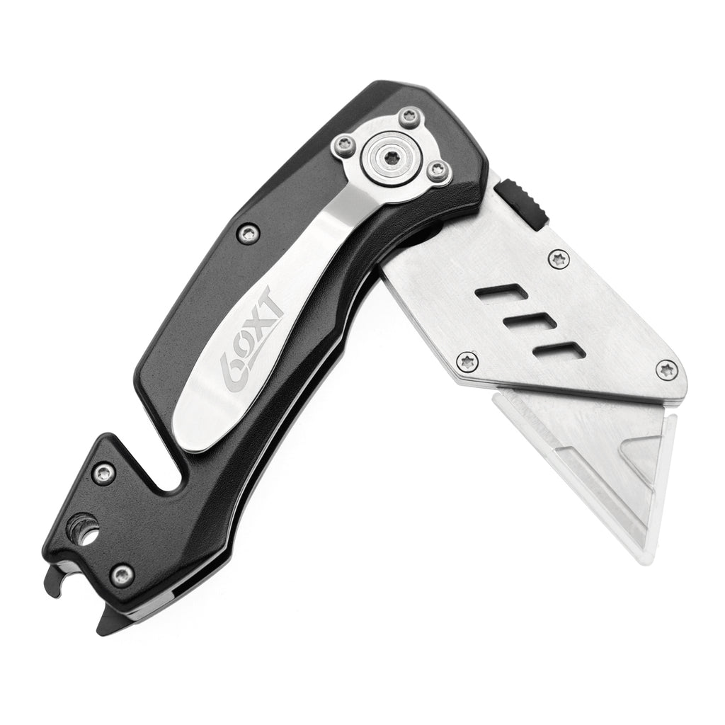 60XT Folding Box Cutter, Utility Knife with Bottle Opener EDC Gear Multi Function Hex Wrench ScrewDriver Safety Lock Quick Change 10PCS Extra SK5 Replacement Blade Multitool Men Father Best Gift Choice