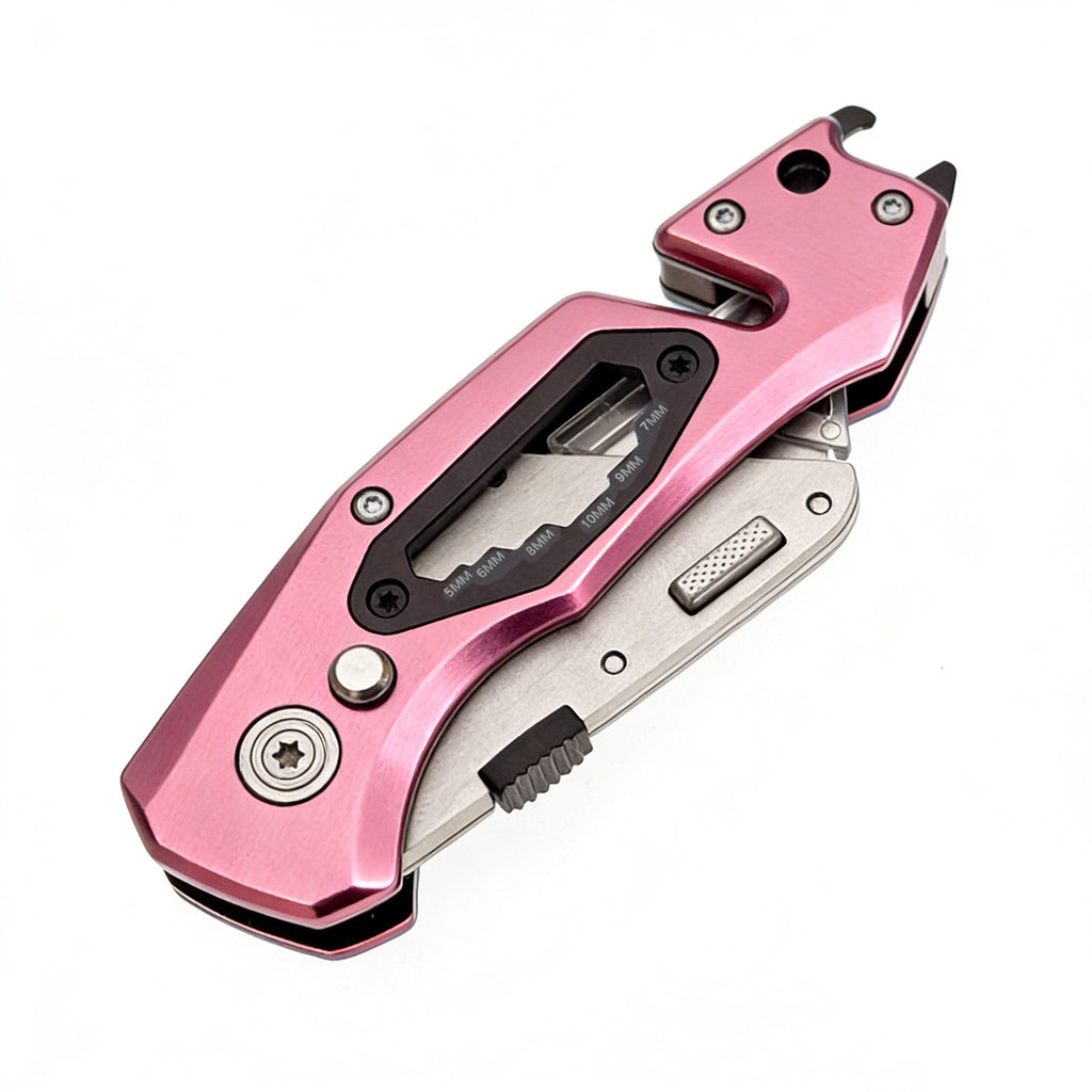60XT Box Cutter Folding With Bottle Opener Utility Knife Wrench 5/6/7/8/9/10mm MultiFunction Tool Safety Lock Quick Change 10PCS Extra SK5 Replacement Blade Multools for Men Women Christmas Father Gift (UPG.V.Pink)