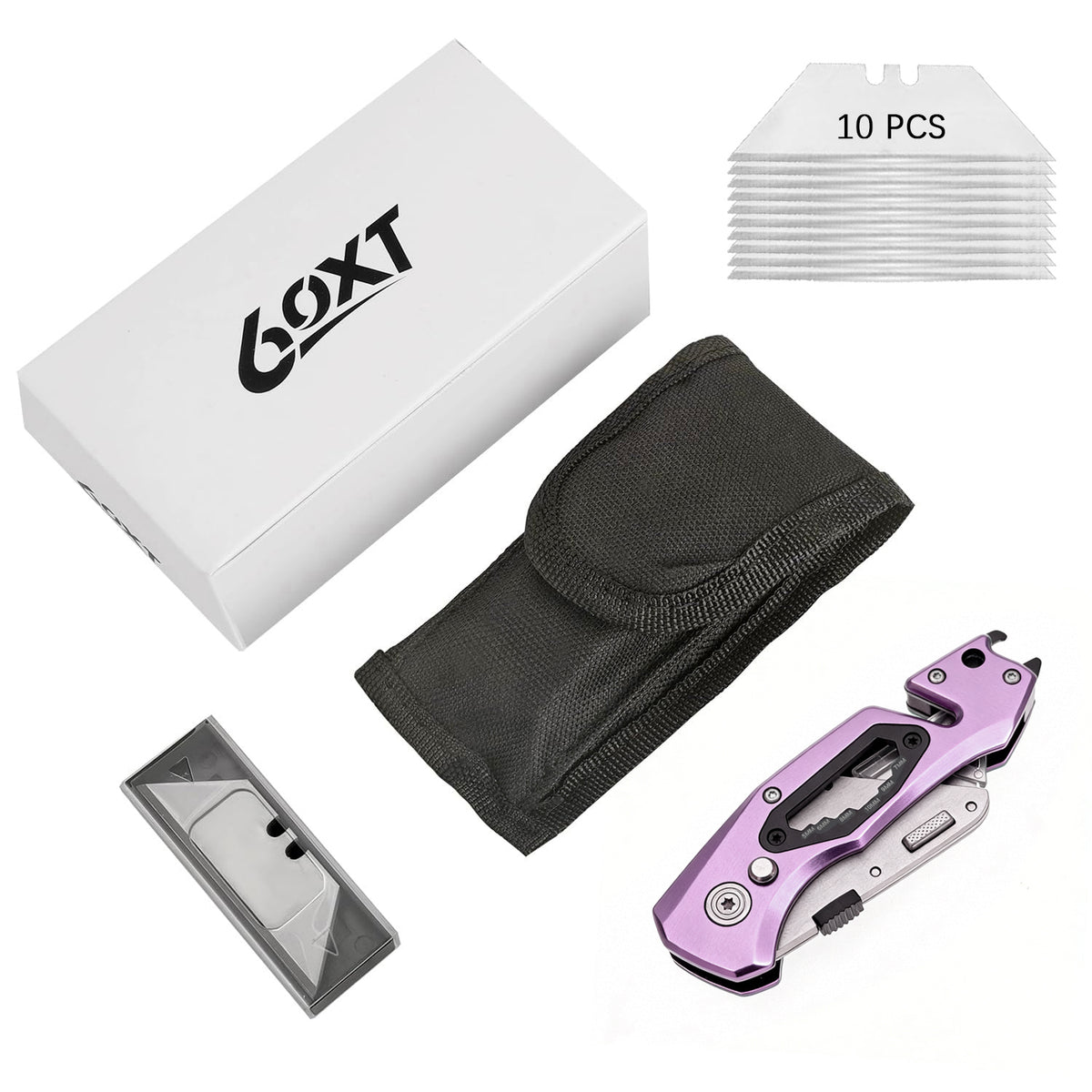 60XT Box Cutter Folding With Bottle Opener Utility Knife Wrench 5/6/7/8/9/10mm MultiFunction Tool Safety Lock Quick Change 10PCS Extra SK5 Replacement Blade Multools for Men Women Christmas Father Gift (UPG.V.Purple)