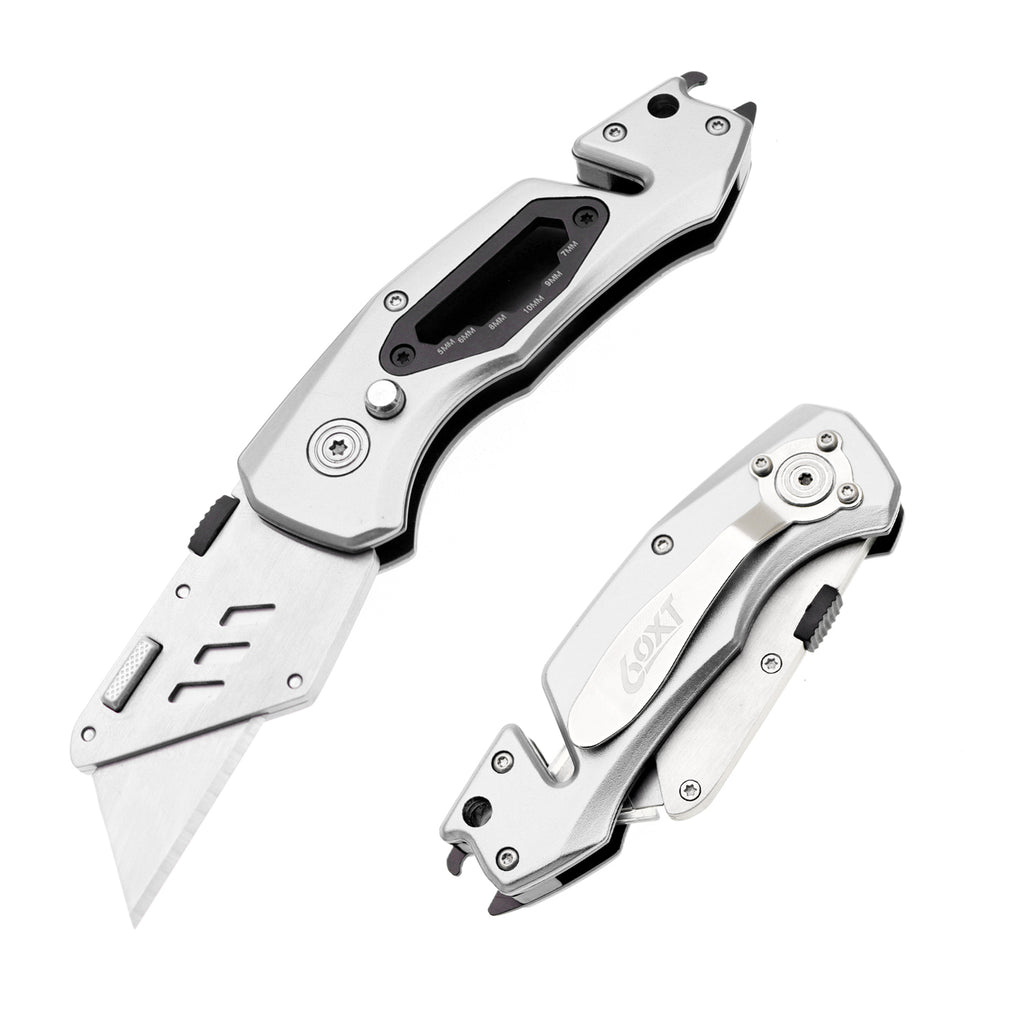 60XT Box Cutter Folding With Bottle Opener Utility Knife Wrench 5/6/7/8/9/10mm MultiFunction Tool Safety Lock Quick Change 10PCS Extra SK5 Replacement Blade Multools for Men Women Christmas Father Gift
